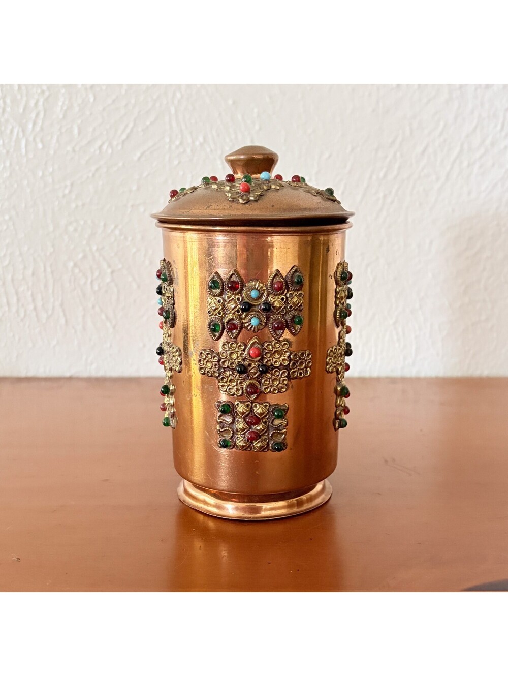 Vintage Decorative Jar with Lid Colored Bead Embellishments Metal/Copper